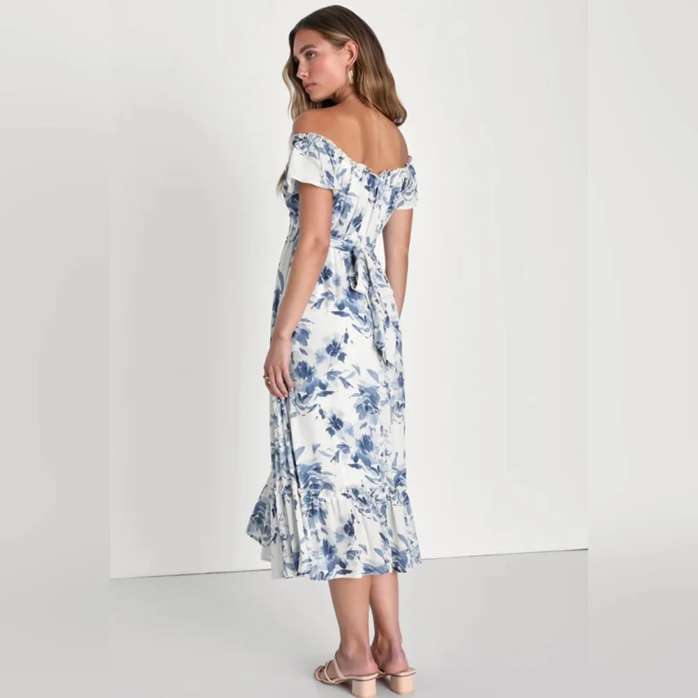 NWOT Lulu's White Floral Off-the-Shoulder Midi Dress Size L=10/12 - Picture 2 of 5